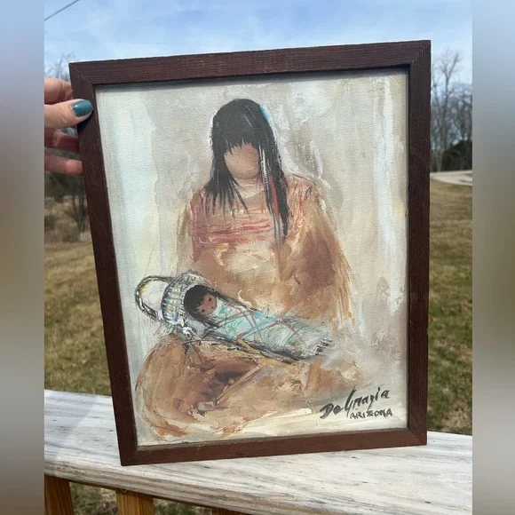 DeGrazia Art Apache Mother Baby Vtg Signed Matted Frame Southwest 12x15 - Picture 1 of 12